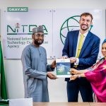 The Director General, NITDA, Kashifu Inuwa, CCIE presenting a copy of the agency’s Strategic Roadmap and Action Plan 2024-2027 to representatives of the Workd Bank and World Trade Organisation, Washington DC Office, Aleksandar Stojanor and Dr. Maryam Lawal for the Digital trade engagement