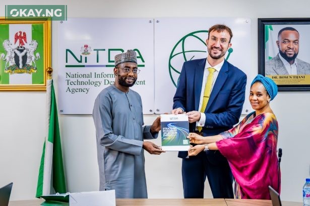 The Director General, NITDA, Kashifu Inuwa, CCIE presenting a copy of the agency’s Strategic Roadmap and Action Plan 2024-2027 to representatives of the Workd Bank and World Trade Organisation, Washington DC Office, Aleksandar Stojanor and Dr. Maryam Lawal for the Digital trade engagement