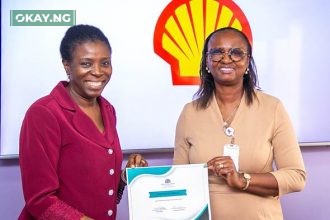 Manager Director, Shell Nigeria Exploration and Production Company (SNEPCo), Elohor Aiboni, (right) receiving the certificate of honour from the President, Women in Energy Network (WIEN), Eyono Fatayi-Williams, during WIEN’s visit to SNEPCo headquarters in Lagos… on Tuesday