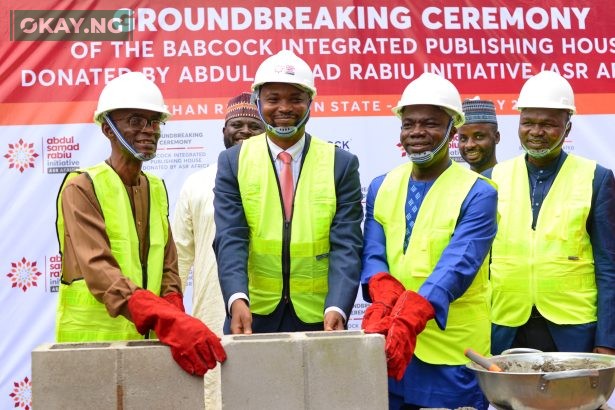 L-R: Prof Ademola S. Tayo, Vice Chancellor, Babcock University; Nakama Keri, Multilateral Coordination Specialist, ASR Africa (representing the MD/CEO, ASR Africa); Pastor (Prof.) Robert Osei-Bonsu, Chancellor, and Pastor (Dr.) Istifanus Ishaya, Pro-Chancellor, both of Babcock University performing the groundbreaking of the Babcock Integrated Publishing House donated by ASR Africa.