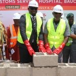 L-R: Alh. Uthman Dan jikan Bauchi, Hakimin Miri; Engr. Dayo Kolurejo, Project Contractor; Dr. Ubon Udoh, MD/CEO, ASR Africa; Bashir Adewale Adeniyi (MFR), Comptroller General, Nigeria Customs Service; ACG A. Abdulazeez, Zonal Coordinator, Bauchi/Gombe Command; and DCG MJ Nwafor at the ground breaking ceremony of the Abdul Samad Rabiu 30-BED Modern Reference Hospital for Nigeria Customs Service, Bauchi today.