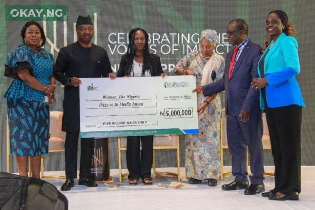 Caption: (L-R) Funke Egbemode (FNGE); Andy Odeh (NLNG); Prisca Sam-Duru of Vanguard newspaper; Kadaria Ahmed (Judge), Chido Nwakanma (Judge) and Anne-Marie Palmer-Ikuku (NLNG) during a one-time award to Prisca for her contributions to The Nigeria Prizes at the an event in Lagos themed “Celebrating the Voices of Impact” to celebrate the 20th anniversary of the prizes...recently.