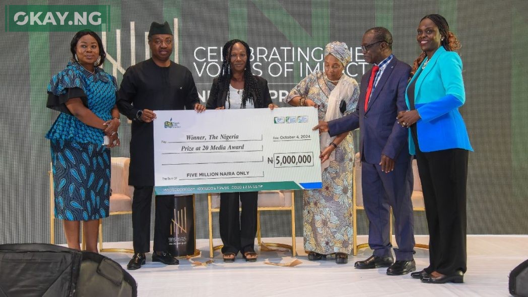 Caption: (L-R) Funke Egbemode (FNGE); Andy Odeh (NLNG); Prisca Sam-Duru of Vanguard newspaper; Kadaria Ahmed (Judge), Chido Nwakanma (Judge) and Anne-Marie Palmer-Ikuku (NLNG) during a one-time award to Prisca for her contributions to The Nigeria Prizes at the an event in Lagos themed “Celebrating the Voices of Impact” to celebrate the 20th anniversary of the prizes...recently.