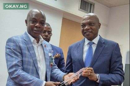 Executive Chairman, Petroleum Technology Association of Nigeria (PETAN), Engineer Wole Ogunsanya (left), presenting the association Award for “Excellence to an Astute and Visionary Technocrat” to the Managing Director, Shell Petroleum Development Company and Country Chair, Shell Companies in Nigeria, Osagie Okunbor, at a ceremony in Lagos recently.