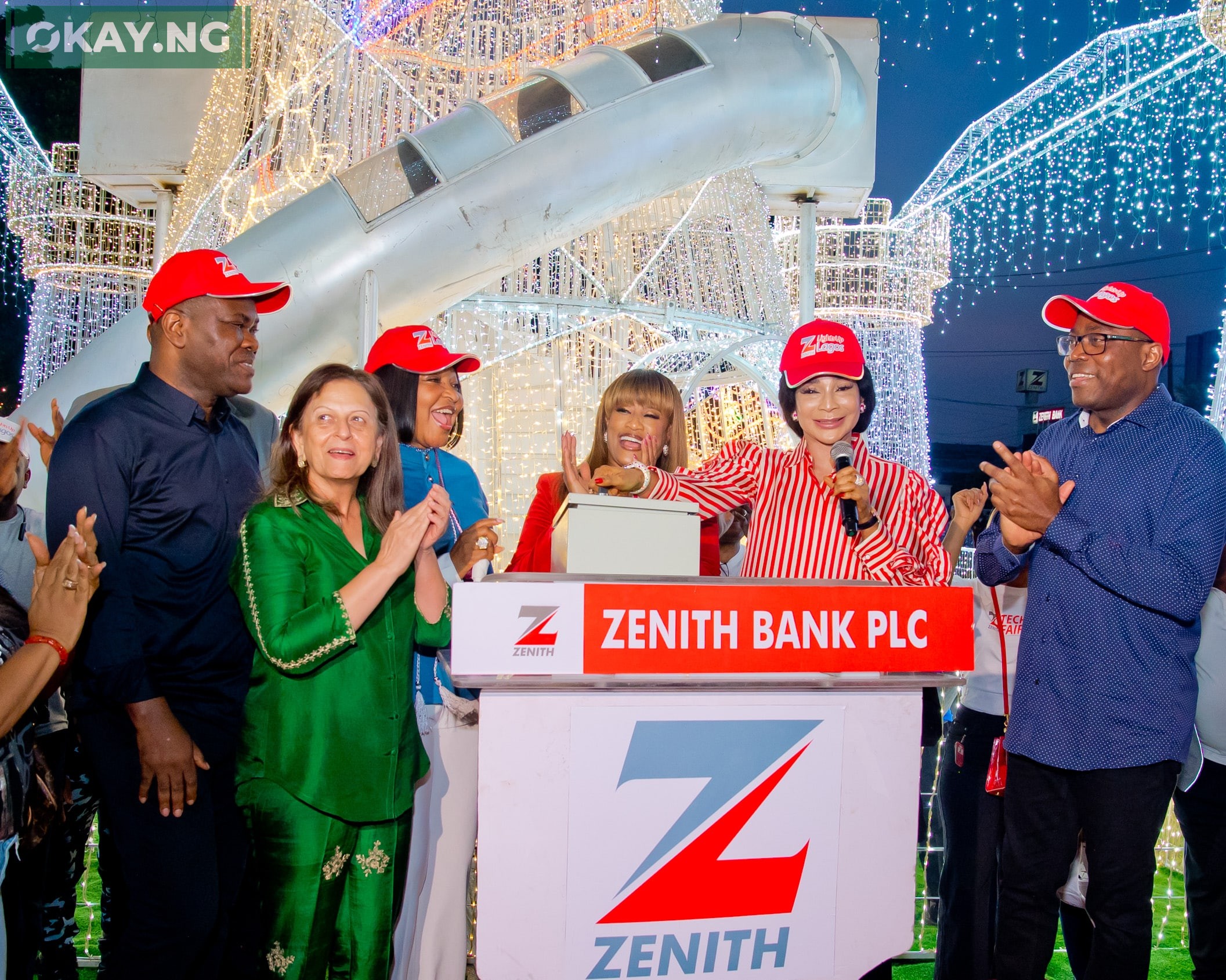 L-R: Executive Director, Zenith Bank Plc, Mr. Henry Oroh; General Manager, Quantum Markets, Mrs. Dani Punam; Executive Director, Zenith Bank, Mrs. Adobi Nwapa; Wife of the Founder and Chairman of Zenith Bank Plc, Mrs. Kay Ovia; Group Managing Director/Chief Executive, Zenith Bank Plc, Dame (Dr.) Adaora Umeoji, OON; and Executive Director, Zenith Bank, Mr. Adamu Lawani during the 2024 Zenith Bank Christmas Light-Up of Ajose Adeogun Street, Victoria Island, Lagos at the weekend.