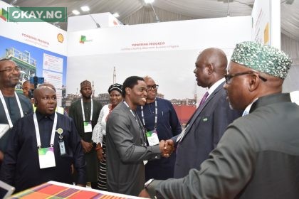 At the ongoing Practical Nigerian Content Conference & Exhibition in Yenagoa, Bayelsa State… Shell Companies in Nigeria General Manager Nigeria Content, ‘Lanre Olawuyi, welcome the minister of state for Petroleum Resources (Oil), Heineken Lokpobiri to the Exhibition Booth of Shell.