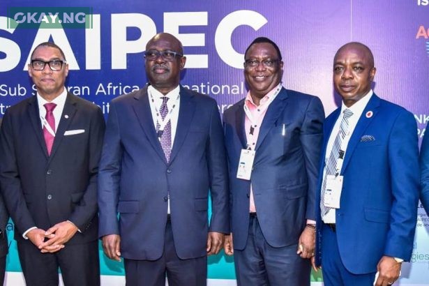 Managing Director, Shell Nigeria Exploration and Production Company Limited (SNEPCo), Ron Adams; Minister of State for Petroleum Resources (Oil), Heineken Lokpobiri ; Executive Secretary, Nigeria Content Development and Monitoring Board, Felix Omatsola Ogbe; and Chairman, Petroleum Technology Association of Nigeria (PETAN), Wole Ogunsanya at the 9th Sub-Saharan Africa International Petroleum Exhibition and Conference (SAIPEC) in Lagos …on Tuesday