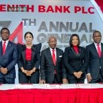 L-R: Executive Director, Mr. Adamu Lawani; Executive Director, Mr. Akin Ogunranti; Group Managing Director/Chief Executive, Dame (Dr.) Adaora Umeoji, OON; Founder and Chairman of Zenith Bank Plc, Jim Ovia, CFR; Executive Director, Mrs. Adobi Nwapa; Executive Director, Mr. Henry Oroh; and Executive Director, Mr. Louis Odom during the 34th Annual General Meeting of Zenith Bank Plc held at The Civic Centre, Victoria Island, Lagos, yesterday.