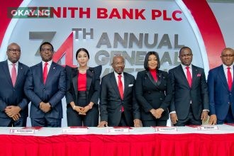 L-R: Executive Director, Mr. Adamu Lawani; Executive Director, Mr. Akin Ogunranti; Group Managing Director/Chief Executive, Dame (Dr.) Adaora Umeoji, OON; Founder and Chairman of Zenith Bank Plc, Jim Ovia, CFR; Executive Director, Mrs. Adobi Nwapa; Executive Director, Mr. Henry Oroh; and Executive Director, Mr. Louis Odom during the 34th Annual General Meeting of Zenith Bank Plc held at The Civic Centre, Victoria Island, Lagos, yesterday.