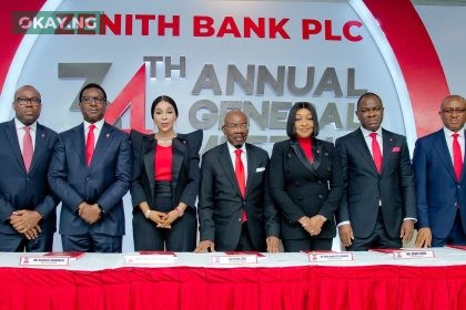 L-R: Executive Director, Mr. Adamu Lawani; Executive Director, Mr. Akin Ogunranti; Group Managing Director/Chief Executive, Dame (Dr.) Adaora Umeoji, OON; Founder and Chairman of Zenith Bank Plc, Jim Ovia, CFR; Executive Director, Mrs. Adobi Nwapa; Executive Director, Mr. Henry Oroh; and Executive Director, Mr. Louis Odom during the 34th Annual General Meeting of Zenith Bank Plc held at The Civic Centre, Victoria Island, Lagos, yesterday.