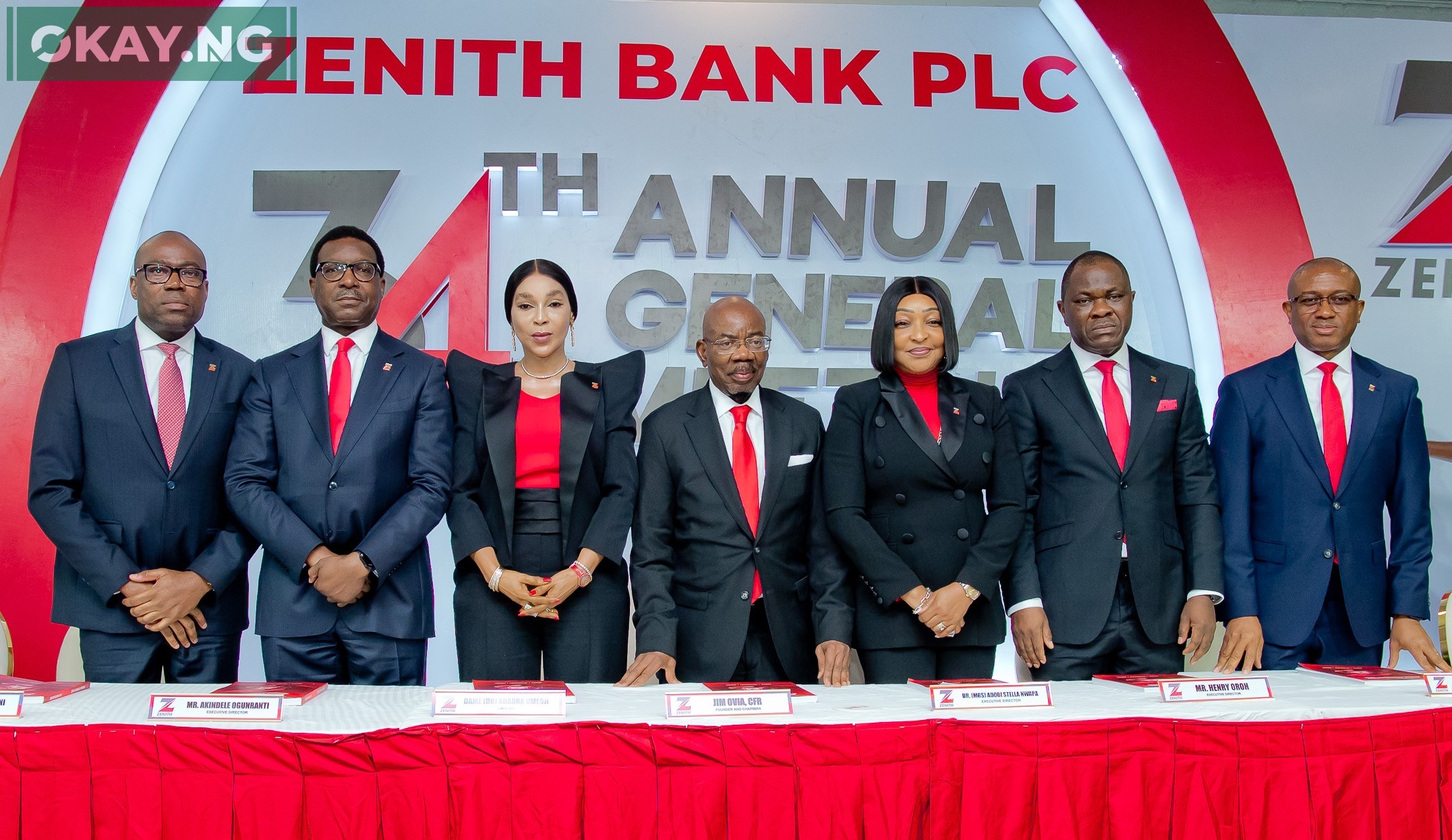 L-R: Executive Director, Mr. Adamu Lawani; Executive Director, Mr. Akin Ogunranti; Group Managing Director/Chief Executive, Dame (Dr.) Adaora Umeoji, OON; Founder and Chairman of Zenith Bank Plc, Jim Ovia, CFR; Executive Director, Mrs. Adobi Nwapa; Executive Director, Mr. Henry Oroh; and Executive Director, Mr. Louis Odom during the 34th Annual General Meeting of Zenith Bank Plc held at The Civic Centre, Victoria Island, Lagos, yesterday.