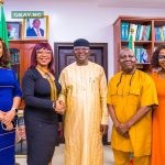 L-R: Toju Egbebi, Corporate Affairs Manager, Nestle Nigeria, Victoria Uwadoka, Corporate Communications, Public Affairs and Sustainability Lead, Nestle Nigeria, Honourable Engr. Prof. Joseph Terlumun Utsev, Minister of Water Resources and Sanitation in Nigeria, Dr. Nicholas Igwe, Global Head & Nigeria National Coordinator, Organized Private Sector in Water, Sanitation & Hygiene and Engr. Nnenna Igwegbe, APWEN National Vice President and OPS-WASH Head of Zonal Coordinator during a visit to the Minister to discuss partnership on a National Water Quality Advocacy campaign in Abuja recently.