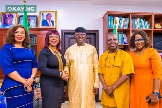 L-R: Toju Egbebi, Corporate Affairs Manager, Nestle Nigeria, Victoria Uwadoka, Corporate Communications, Public Affairs and Sustainability Lead, Nestle Nigeria, Honourable Engr. Prof. Joseph Terlumun Utsev, Minister of Water Resources and Sanitation in Nigeria, Dr. Nicholas Igwe, Global Head & Nigeria National Coordinator, Organized Private Sector in Water, Sanitation & Hygiene and Engr. Nnenna Igwegbe, APWEN National Vice President and OPS-WASH Head of Zonal Coordinator during a visit to the Minister to discuss partnership on a National Water Quality Advocacy campaign in Abuja recently.