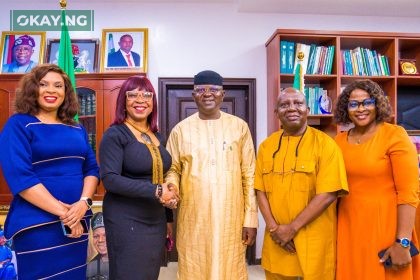 L-R: Toju Egbebi, Corporate Affairs Manager, Nestle Nigeria, Victoria Uwadoka, Corporate Communications, Public Affairs and Sustainability Lead, Nestle Nigeria, Honourable Engr. Prof. Joseph Terlumun Utsev, Minister of Water Resources and Sanitation in Nigeria, Dr. Nicholas Igwe, Global Head & Nigeria National Coordinator, Organized Private Sector in Water, Sanitation & Hygiene and Engr. Nnenna Igwegbe, APWEN National Vice President and OPS-WASH Head of Zonal Coordinator during a visit to the Minister to discuss partnership on a National Water Quality Advocacy campaign in Abuja recently.