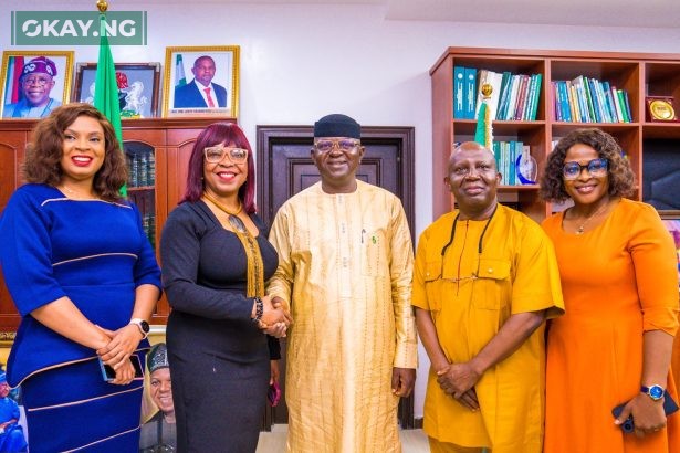 L-R: Toju Egbebi, Corporate Affairs Manager, Nestle Nigeria, Victoria Uwadoka, Corporate Communications, Public Affairs and Sustainability Lead, Nestle Nigeria, Honourable Engr. Prof. Joseph Terlumun Utsev, Minister of Water Resources and Sanitation in Nigeria, Dr. Nicholas Igwe, Global Head & Nigeria National Coordinator, Organized Private Sector in Water, Sanitation & Hygiene and Engr. Nnenna Igwegbe, APWEN National Vice President and OPS-WASH Head of Zonal Coordinator during a visit to the Minister to discuss partnership on a National Water Quality Advocacy campaign in Abuja recently.
