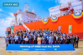 Dignitaries at the naming ceremony of the 40,000 cubic metres (CBM) WAGL Energy Limited’s Liquiefied Petroleum Gas (LPG) vessel in Ulsan, South Korea, on Monday.