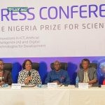 (L-R) Anne-Marie Palmer-Ikuku, Manager, Corporate Communications & Public Affairs; Dr. Sophia Horsfall, GM, External Relations & Sustainable Development; Prof. Barth Nnaji, Chairman, Advisory Board, The Nigerian Prize for Science; Prof Yusuf Abubakar; and Dr. Nike Akande, Board Members at the press conference on the 2025 science prize outcome…in Lagos on Wednesday.