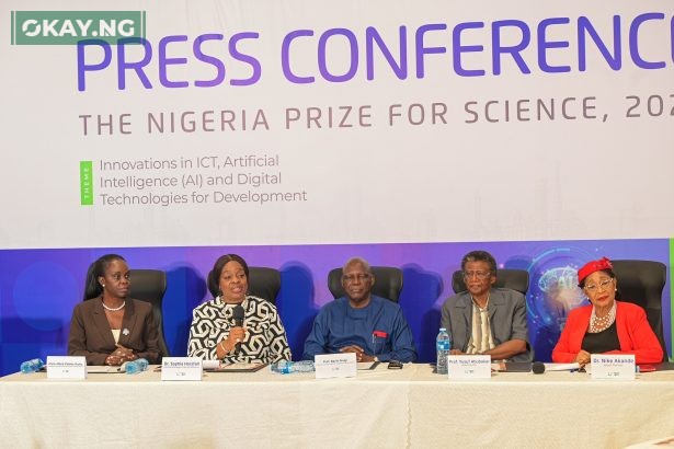 (L-R) Anne-Marie Palmer-Ikuku, Manager, Corporate Communications & Public Affairs; Dr. Sophia Horsfall, GM, External Relations & Sustainable Development; Prof. Barth Nnaji, Chairman, Advisory Board, The Nigerian Prize for Science; Prof Yusuf Abubakar; and Dr. Nike Akande, Board Members at the press conference on the 2025 science prize outcome…in Lagos on Wednesday.