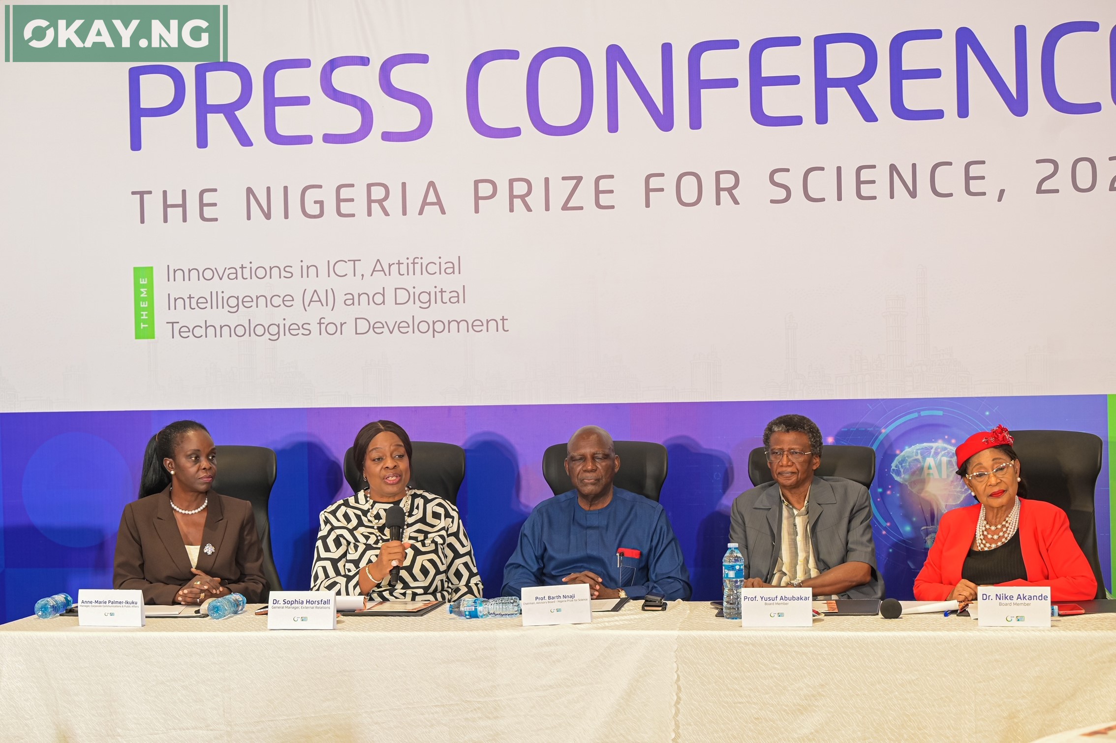 (L-R) Anne-Marie Palmer-Ikuku, Manager, Corporate Communications & Public Affairs; Dr. Sophia Horsfall, GM, External Relations & Sustainable Development; Prof. Barth Nnaji, Chairman, Advisory Board, The Nigerian Prize for Science; Prof Yusuf Abubakar; and Dr. Nike Akande, Board Members at the press conference on the 2025 science prize outcome…in Lagos on Wednesday.