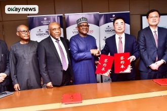 From left: Group Managing Director/CEO, Dangote Cement Plc, Arvind Pathak; Vice President, Dangote Industries Limited, Olakunle Alake; Chairman, Dangote Cement Plc, Emmanuel Ikazoboh; President/CE, Dangote Industries Limited, Aliko Dangote; Chairman, Sinoma International Engineering, Lin Zhong Sinoma (Nanjing); EVP, Sinoma International Engineering Zhang Jian Sinoma (Nanjing); CEO, Sinoma International Engineering, Xia yi Sinoma (Suzhou) at the MOU signing between Dangote Cement Plc and Sinoma International Engineering on Strategic Framework Agreement for the execution of twelve (12) new construction and expansion projects across the Group, in Lagos on Friday, February 2026.