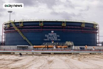 A gasoline storage tank at the Dangote Industries Ltd. oil refinery