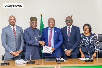 L-R: Association of Corporate and Marketing Professionals in Banks (ACAMB) President, Mr Jide Sipe; ACAMB BoT Chairman, Dr Tunde Lemo; Chartered Institute of Bankers of Nigeria, (CIBN) President, Prof. Pius Olarenwaju; Registrar, CIBN, Mr Akin Morakinyo and Mrs Rita Adeyanju, Director, Legal and Secretariat Services, CIBN, during a courtesy visit of ACAMB executives and BOT to the CIBN Chamber in Victoria Island, Lagos, on Tuesday