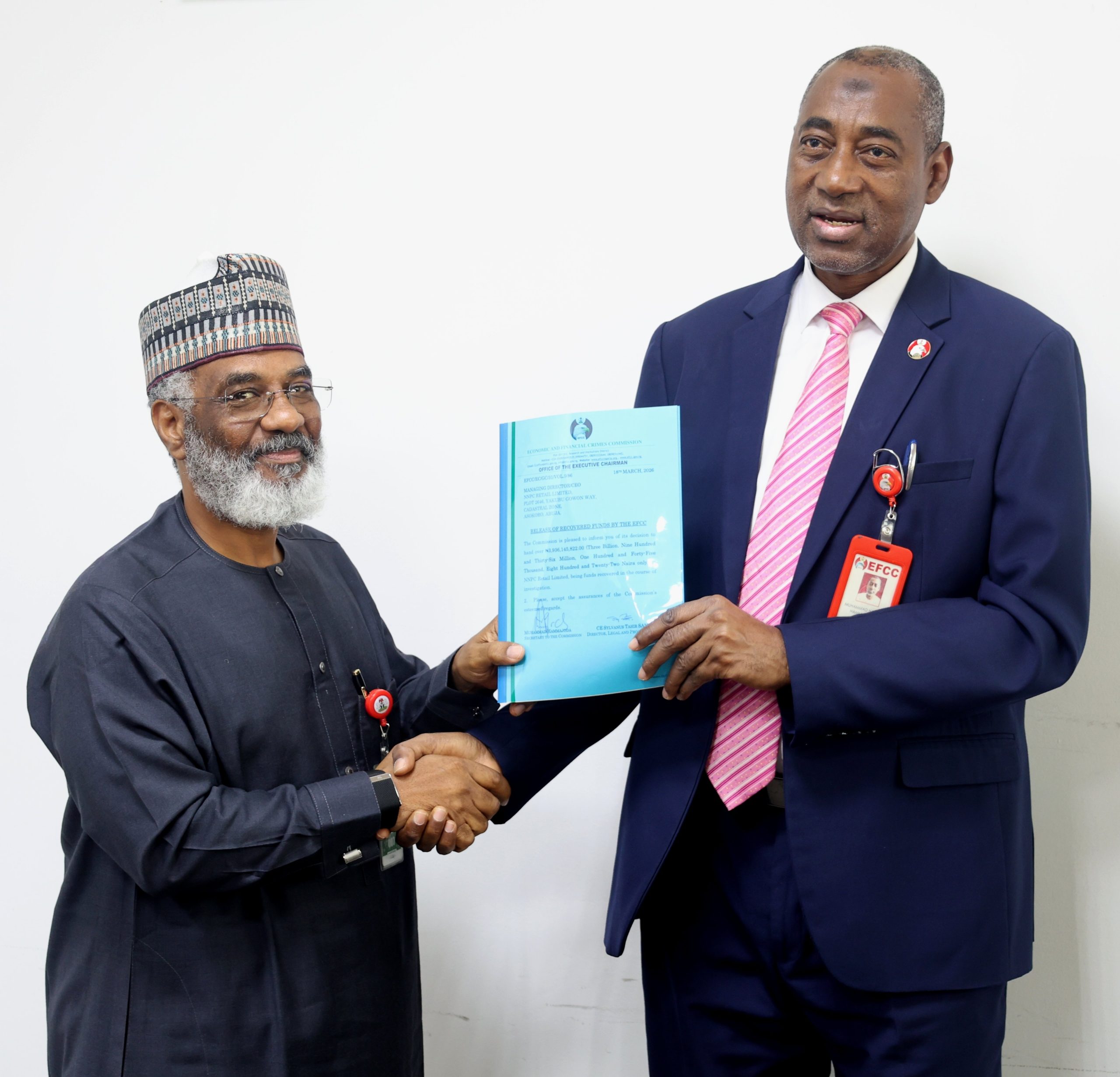 EFCC Hands Over ₦3.9bn Recovered Funds to NNPCL in Abuja