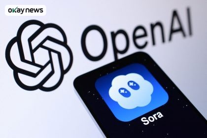 A smartphone showing the Sora app icon placed in front of the OpenAI logo on a white background.
