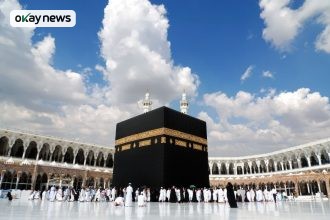 Pilgrims gathered around the Kaaba at Masjid al-Haram in Mecca under a bright blue sky with scattered clouds.