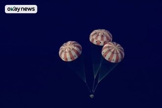 The Artemis II crew capsule splashes down in the Pacific Ocean on April 10, 2025.