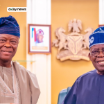 Nigeria's President Bola Tinubu and Finance Minister Wale Edun smile together at the State House in Abuja, with the Nigerian coat of arms visible on the wall behind them.