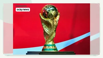 The FIFA World Cup trophy on display in Los Angeles during the 2026 trophy tour.