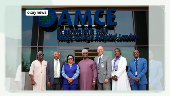 L–R: Olusola Babalola, AMCE Chief Financial Officer, Kudakwashe Matereke, Director, Regional Operations (Anglophone West Africa), Afreximbank; Dr. Aisha Umar, Chief Medical Officer (AMCE), Abuja; Dr. George Elombi, President and Chairman of the Board of Directors, Afreximbank; Brian Deaver, Chief Executive Officer, AMCE; Dr. Gloria Rowland, Chief Nursing Officer, AMCE and Xolani Ndlovu, Lead Consultant Nuclear Medicine at AMCE, during Dr. George Elombi's visit and tour of the AMCE in Abuja.