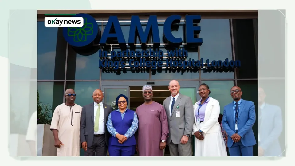 L–R: Olusola Babalola, AMCE Chief Financial Officer, Kudakwashe Matereke, Director, Regional Operations (Anglophone West Africa), Afreximbank; Dr. Aisha Umar, Chief Medical Officer (AMCE), Abuja; Dr. George Elombi, President and Chairman of the Board of Directors, Afreximbank; Brian Deaver, Chief Executive Officer, AMCE; Dr. Gloria Rowland, Chief Nursing Officer, AMCE and Xolani Ndlovu, Lead Consultant Nuclear Medicine at AMCE, during Dr. George Elombi's visit and tour of the AMCE in Abuja.