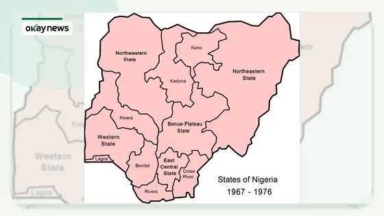 Map of Nigeria’s 12-state structure from 1967 to 1976