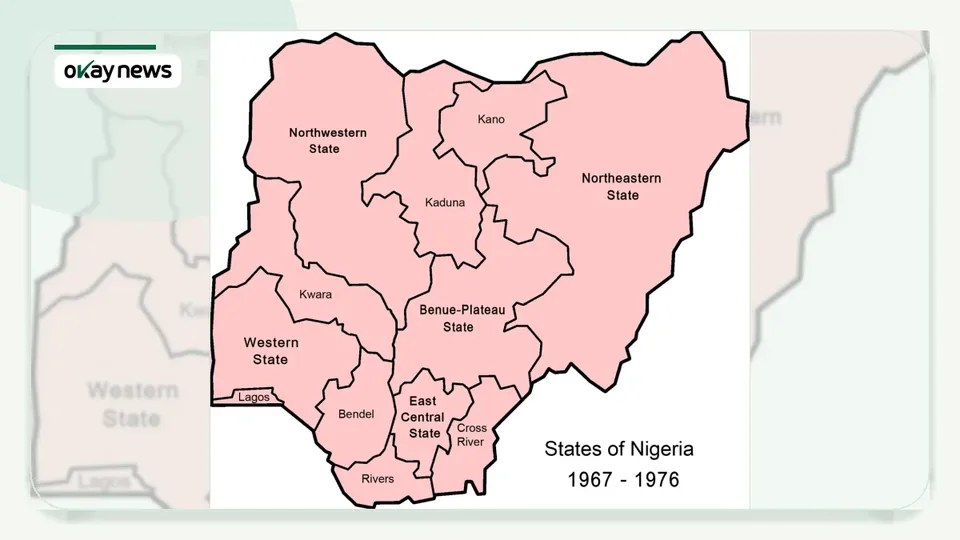 Map of Nigeria’s 12-state structure from 1967 to 1976